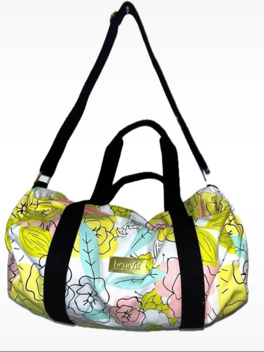 NWOT Benefit san francisco canvas multi print logo zip duffle bag weekender